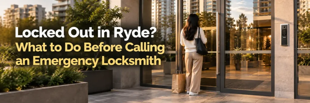 Person locked out at a modern Ryde apartment building entrance before calling an emergency locksmith