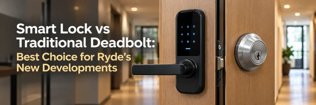 Smart lock and traditional deadbolt compared on an apartment door in Ryde